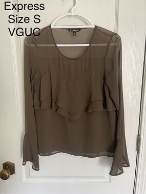 Express Brown Sheer Ruffle Long-Sleeve Blouse
